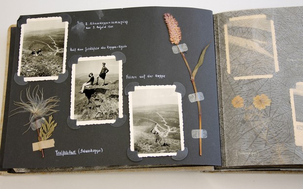 Ein Fotoalbum aus dem Jahr 1944 mit Bildern einer Reise ins Riesengebirge sowie eingeklebten Pflanzen. Archiv für Alltagskultur.